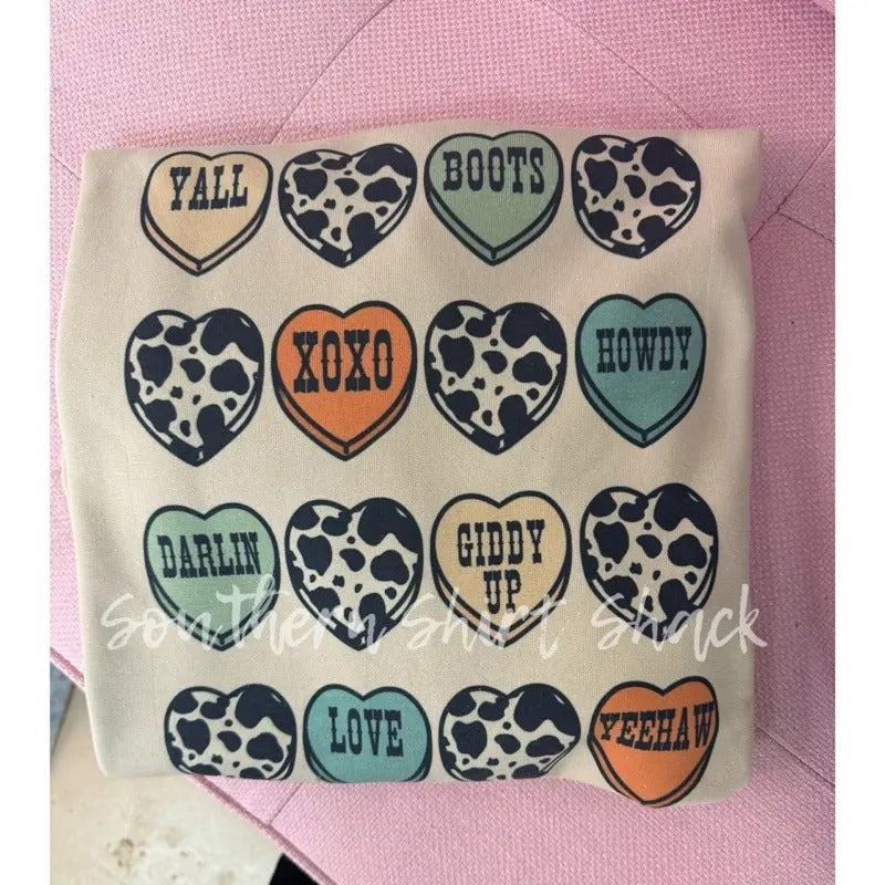 Western Cowprint Conversation Hearts Sweatshirt ~ Sand T-Shirts, Hoodie | PureTeeCo.com