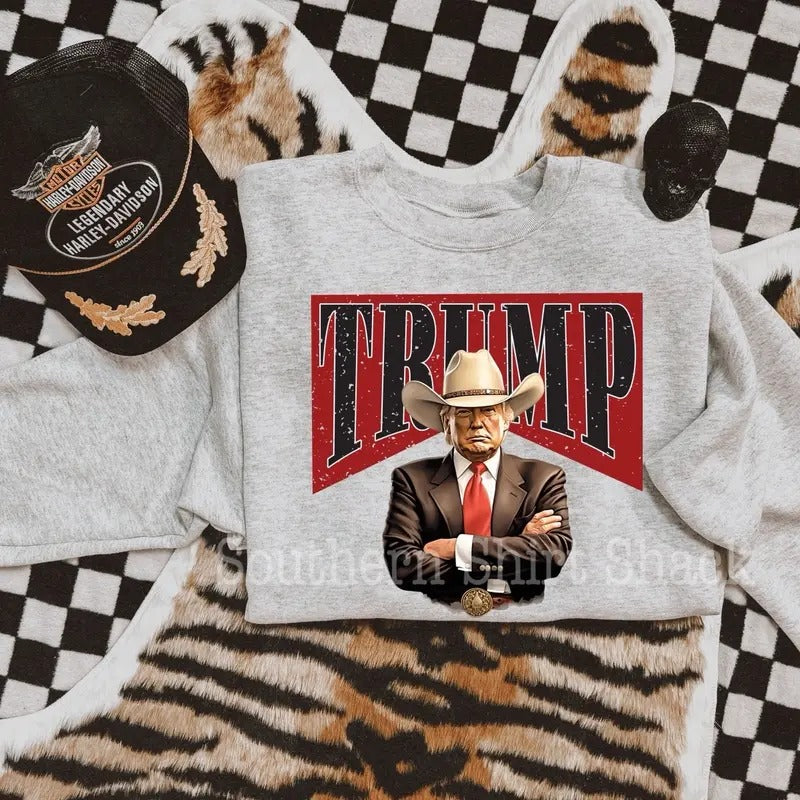 Western Trump Sweatshirt | Ash Gray Sweatshirt T-Shirts, Hoodie | PureTeeCo.com