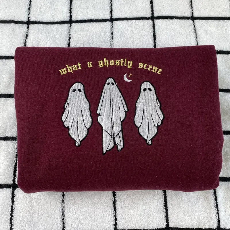 What a Ghostly Scene Sweatshirt Embroidered - Ghost Sweatshirt - Halloween Crewneck T-Shirts, Hoodie | PureTeeCo.com