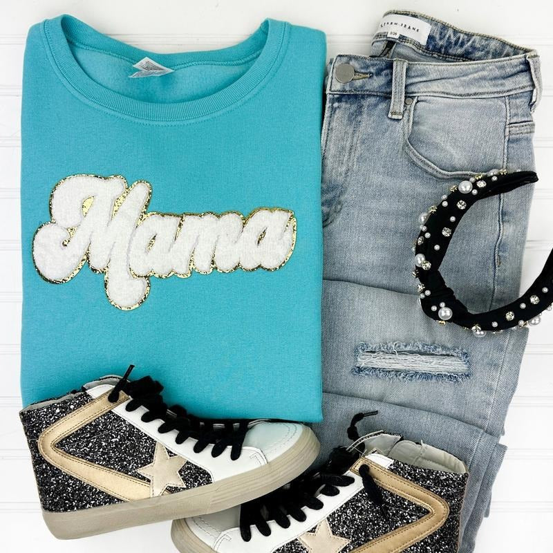 White Chenille Mama Patch Sweatshirt T-Shirts, Hoodie | PureTeeCo.com