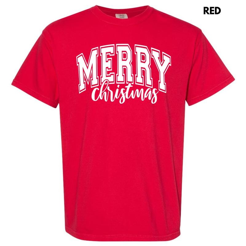 White Cursive Varsity Merry Christmas Comfort Colors T-Shirt 'NLB' Hoodie, Sweatshirt | PureTeeCo.com