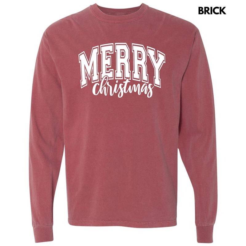 White Cursive Varsity Merry Christmas Long Sleeve Comfort Colors T-Shirt 'NLB' Hoodie, Sweatshirt | PureTeeCo.com