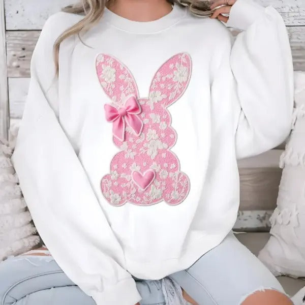 White Lace Bunny Coquette Bow sweatshirt, Easter, Lace Bow Bunny Shirt, Happy Easter Hoodie | PureTeeCo.com