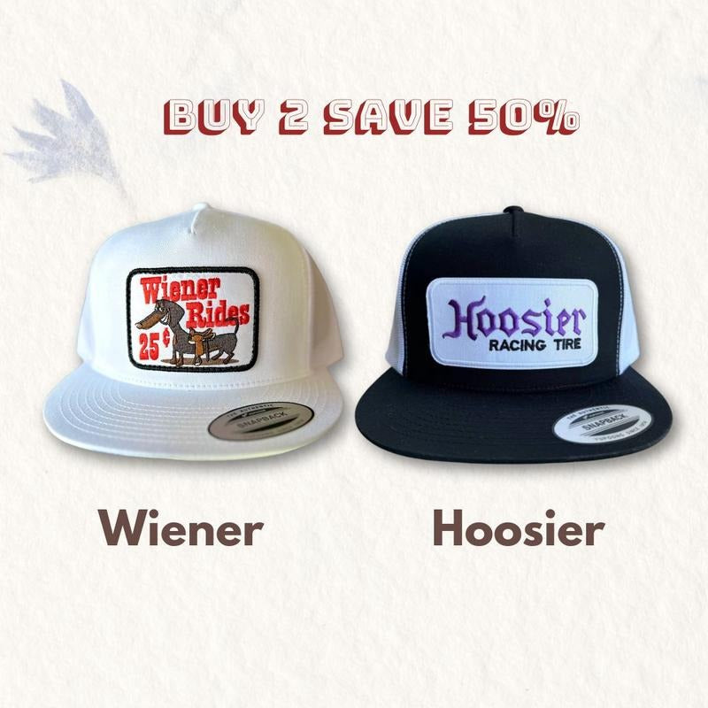 [BUY 2 SAVE 50%] Set 2 Hat Retro Hoosier Racing Tire Patch Trucker Hat Classic Black/White, Wiener Rides Patch Trucker Hat, Adult Size