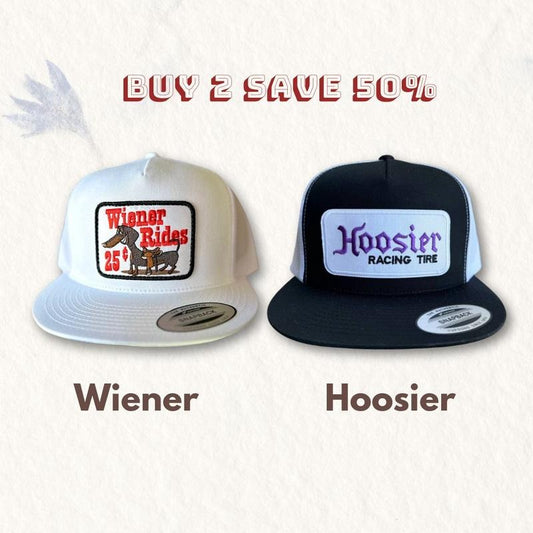 [BUY 2 SAVE 50%] Set 2 Hat Retro Hoosier Racing Tire Patch Trucker Hat Classic Black/White, Wiener Rides Patch Trucker Hat, Adult Size