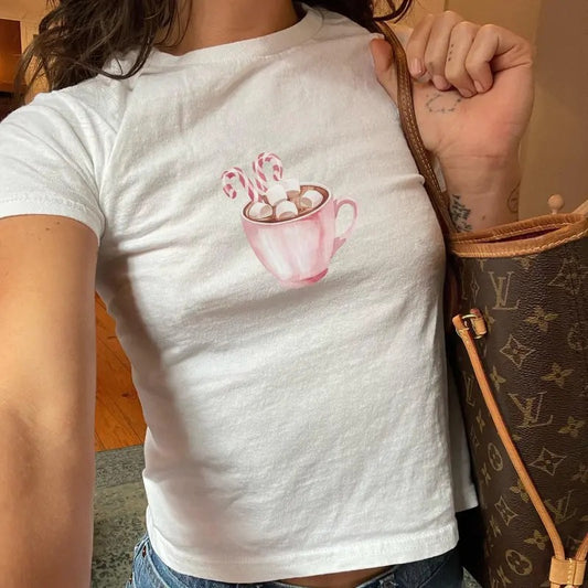 Winter Cocoa Tshirt for Women, Festive Baby Tee with Hot Chocolate and Dessert Design - Casual, Comfort Cotton Top