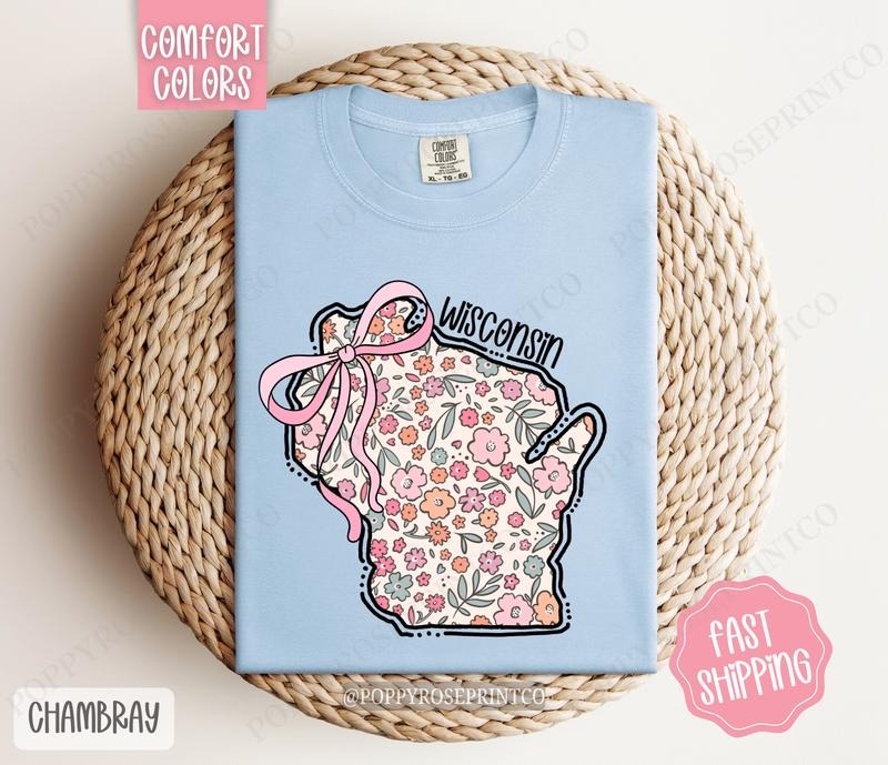 Wisconsin Floral Bow Comfort Colors T-shirt, Cute Trendy Tee, State Coquette Oversized Top Hoodie, Sweatshirt | PureTeeCo.com