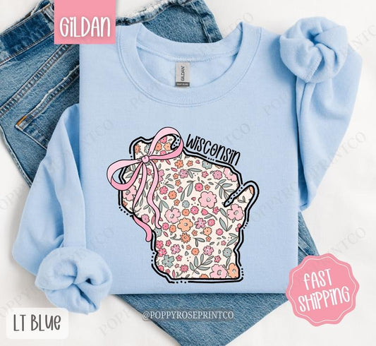 Wisconsin Floral Bow Gildan Sweatshirt, Cute Trendy State Coquette Pullover