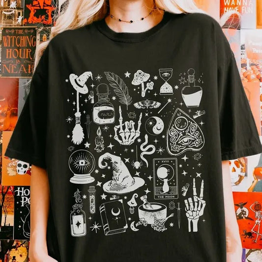 Witchy Halloween Doodles Shirt, Retro Spooky Season, Witch Aesthetic, Dark Academia Clothing, Witch Shirt, Fall Season of the Witch T-Shirt