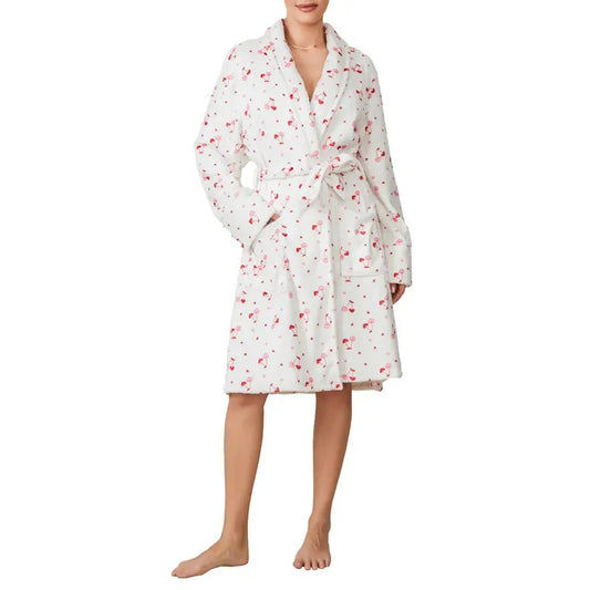 Women Casual Fleece Robe Cherry Print Shawl Collar Bathrobe for Hotel Spa Party Fruit Printing Robe with Belt Loungewear