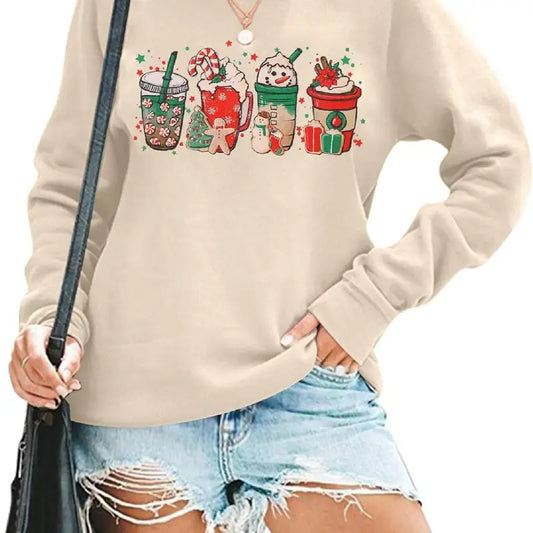 Women Christmas Coffee Cups Sweatshirt Snowman Retro Groovy Long Sleeve T-shirt Santa Cookies Lightweight Tee Cotton Crewneck