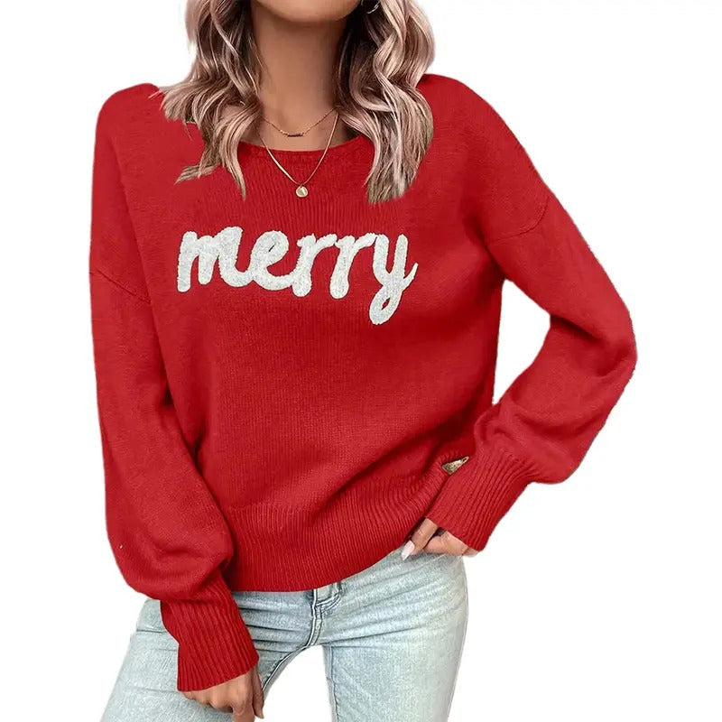 Women Christmas Cute Sweaters Casual Letter Embroidery Comfy Warm Long Sleeve Pullover Basic Knitwear for Streetwear...