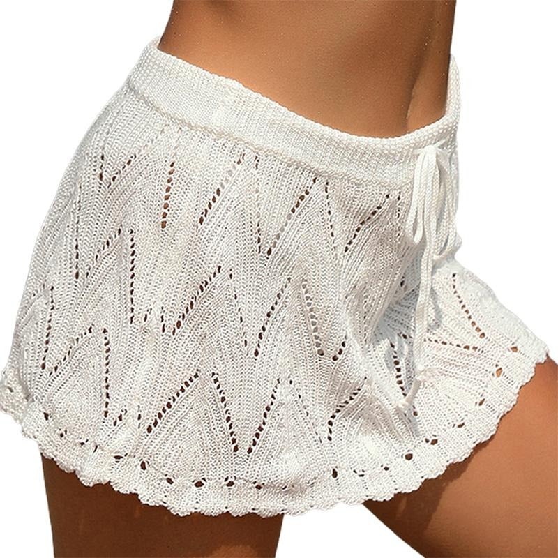 Women Crochet Mini Skirt Cover Up Drawstring High Waist Hollow See Through Bikini Coverups Summer Knitted Beach Short...