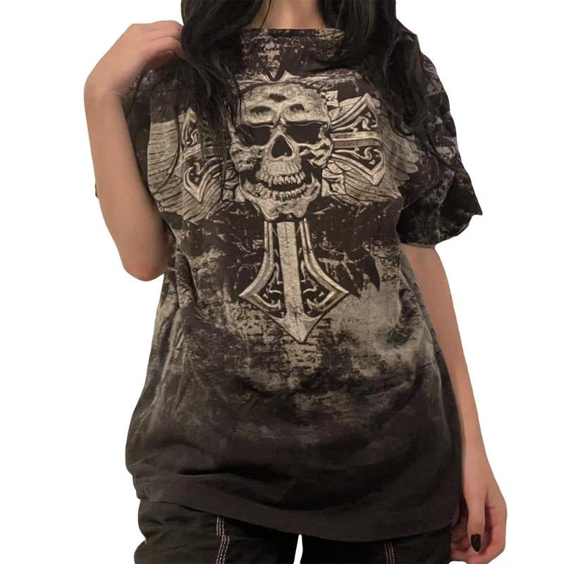 Women Fashion Gothic T-Shirts Vintage Skull Print Crew Neck Short Sleeve Loose Shirts Summer Casual Tops Streetwear...
