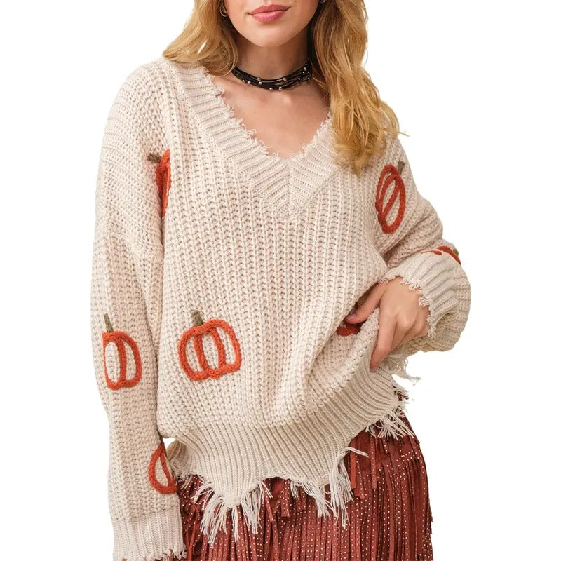 Women Halloween Sweater, Long Sleeve V Neck Pumpkin Pullover Warm Sweater for Fall Winter T-Shirts, Hoodie, Sweatshirt