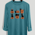 Women's   Cat & Pumpkin Print Round Neck Tee, Casual Long Sleeve Crew Neck T-shirt for Fall & Winter, Women's Clothes for...