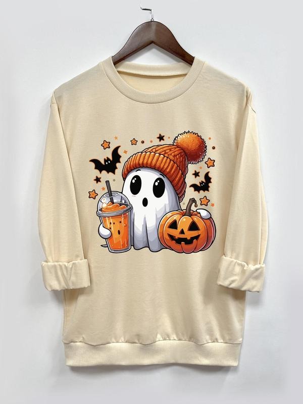 Women's   Ghost Print Round Neck Sweatshirt, Casual Long Sleeve Crew Neck Pullover for Fall & Winter, Women's Clothes for...