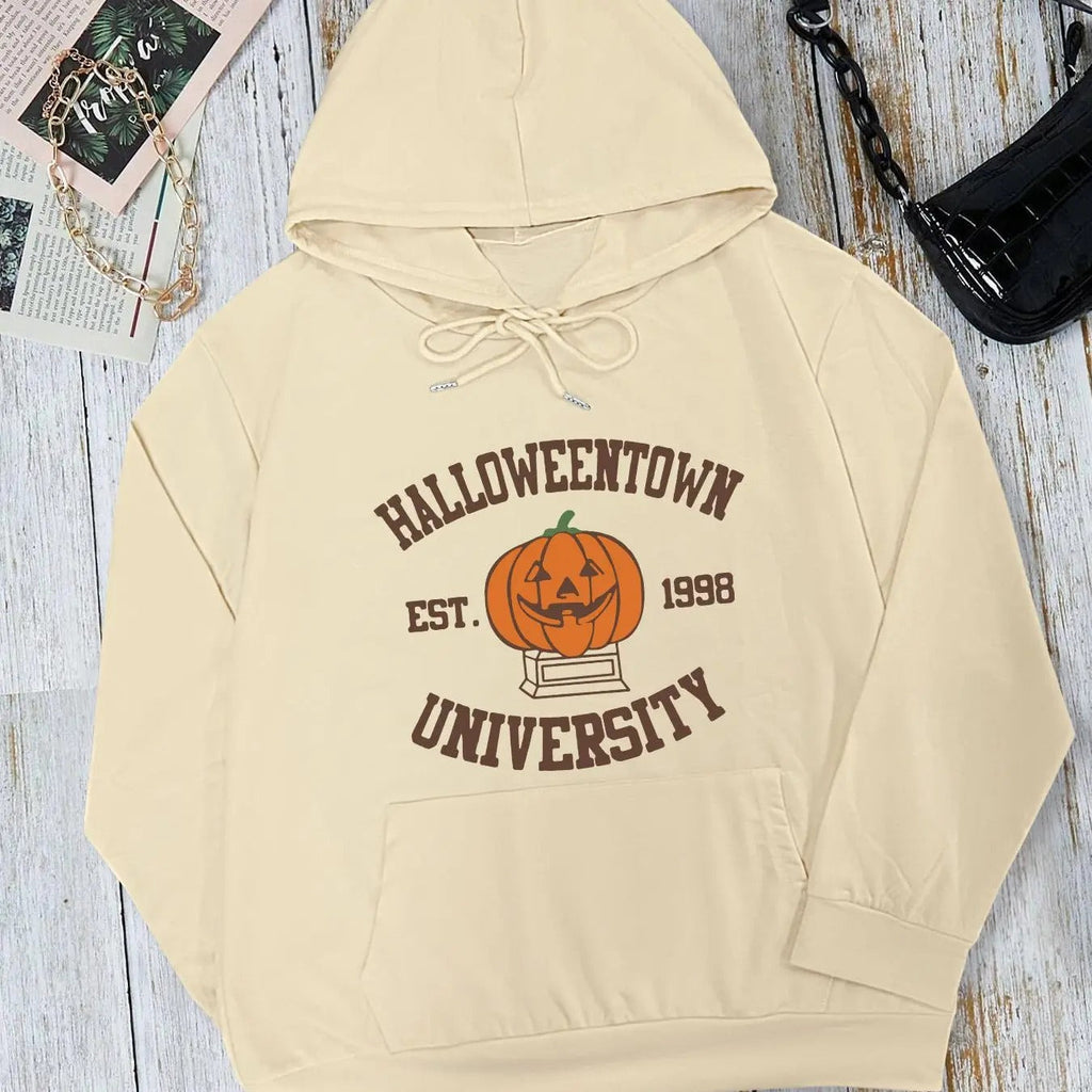 Women's  Letter & Pumpkin Print Drop Shoulder Hoodie, Halloween Fashion Casual Drawstring Pocket Hooded Sweatshirt for...