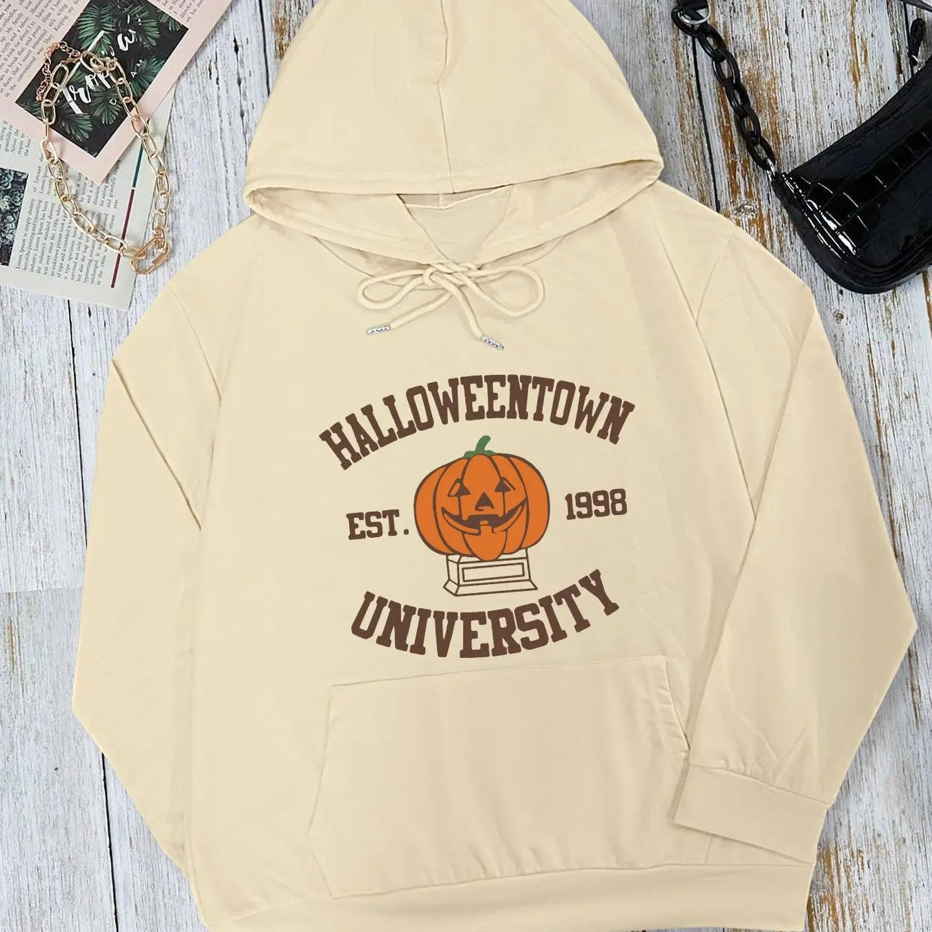 Women's  Letter & Pumpkin Print Drop Shoulder Hoodie, Halloween Fashion Casual Drawstring Pocket Hooded Sweatshirt for...