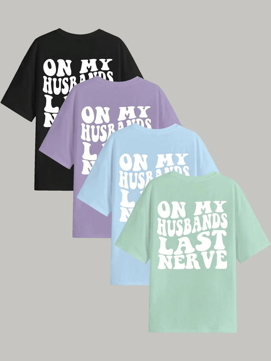 Women's "ON MY HUSBANDS LAST NERVE" Letter Print Round Neck Graphic Tee, Vintage Trendy Casual Half Sleeve T-shirt For Daily Wear, Ladies Summer Outfit