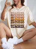 Women's "TEACHER" Letter Print Drop Shoulder Tee, Casual Half Sleeve Round Neck T-Shirt for Summer, Women's Top for Daily...