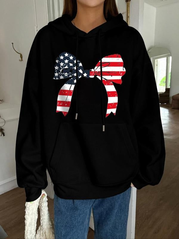 Women's American Flag Bowknot Print Thermal Lined  Hoodie, Fashion Casual Drawstring Pocket Hooded Sweatshirt for Daily...