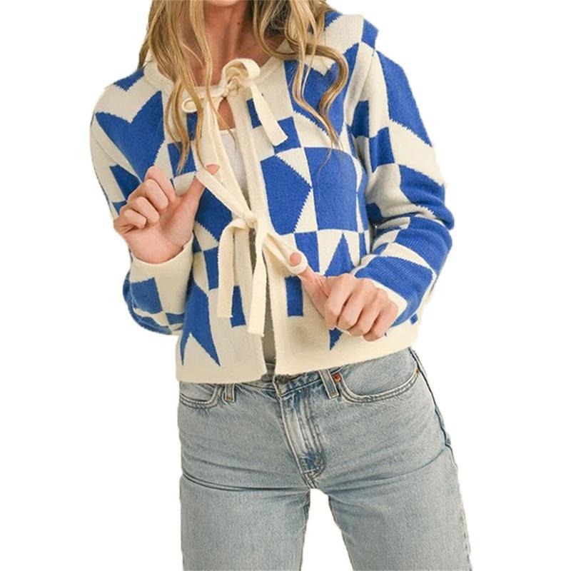 Women's Autumn Sweater Cardigan Geometric Pattern Print Long Sleeve Tie Front Knitwear T-Shirts, Hoodie, Sweatshirt
