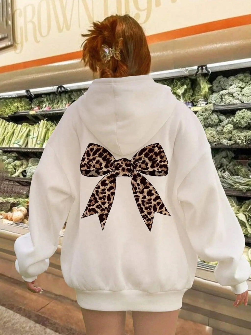 Women's Bow Print Drop Shoulder Hoodie, Fashion Casual Drawstring Pocket Hooded Sweatshirt for Daily Holiday Outdoor...