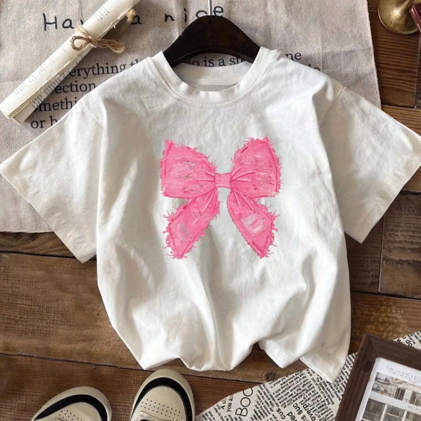 Women's Bow Print Round Neck Tee, Fashion Casual Short Sleeve T-shirt, Ladies Summer Clothes for Daily Wearstyle{n002}2
