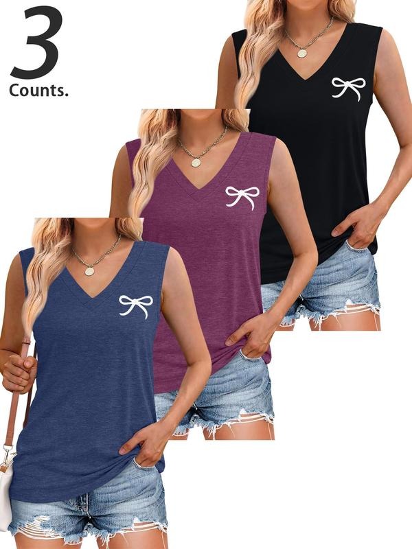 Women's Bow Print V Neck Tank Top, Casual Sleeveless Top for Summer, Ladies Clothes for Daily Wear T-Shirts, Hoodie,...