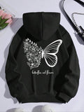 Women's Butterfly & Floral Print Drop Shoulder Hoodie, Fashion Casual Drawstring Pocket Hooded Sweatshirt for Daily...