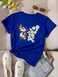 Women's Butterfly & Floral Print Round Neck Tee, Fashion Casual Short Sleeve T-shirt, Ladies Summer Clothes for Daily...
