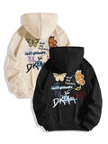 Women's Butterfly & Letter Print Drop Shoulder Hoodie, Fashion Casual Drawstring Pocket Hooded Sweatshirt for Daily...