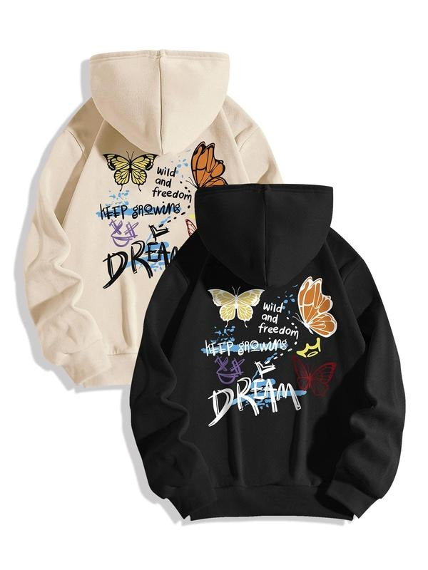 Women's Butterfly & Letter Print Drop Shoulder Hoodie, Fashion Casual Drawstring Pocket Hooded Sweatshirt for Daily...
