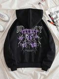 Women's Butterfly & Letter Print Zip Up Drawstring Hoodie, Casual Comfy Pocket Hooded Jacket For Daily Wear, Women's...