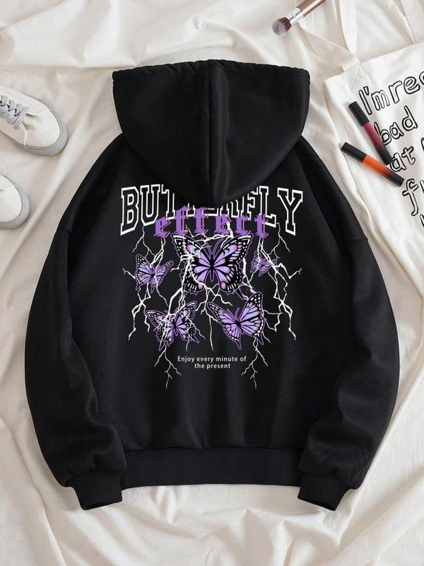 Women's Butterfly & Letter Print Zip Up Drawstring Hoodie, Casual Comfy Pocket Hooded Jacket For Daily Wear, Women's...