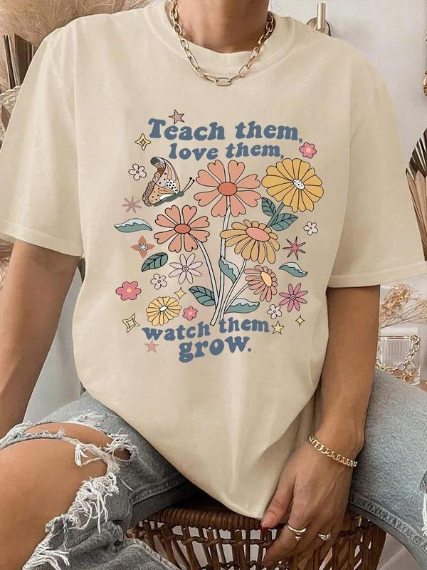 Women's Butterfly Letter Floral Print Round Neck Graphic Tee, Vintage Trendy Casual Short Sleeve T-shirt for Daily Wear,...