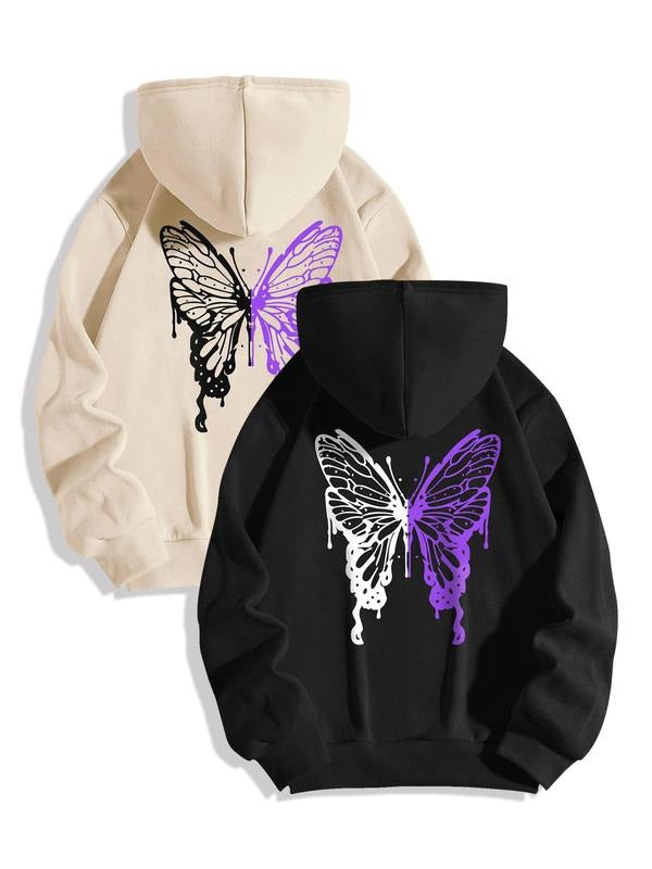 Women's Butterfly Print Drawstring Pocket Drop Shoulder Hoodie, Fashion Casual Hooded Sweatshirt for Daily Holiday...