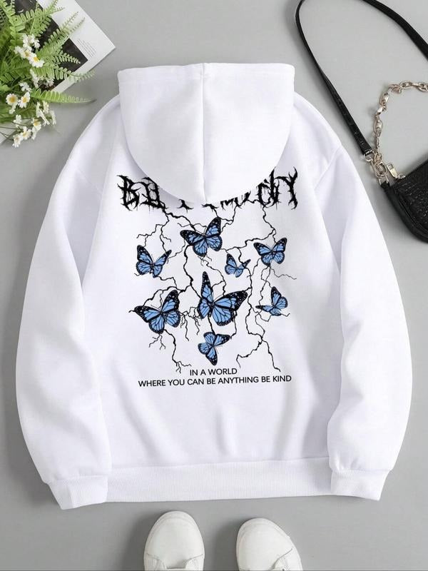 Women's Butterfly Print Drawstring Pocket Thermal Lined Hoodie, Fashion Casual Hooded Sweatshirt for Daily Holiday...
