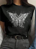 Women's Butterfly Print Round Neck Tee, Fashion Casual Crew Neck Short Sleeve T-shirt for Daily Holiday Vacation Outdoor...