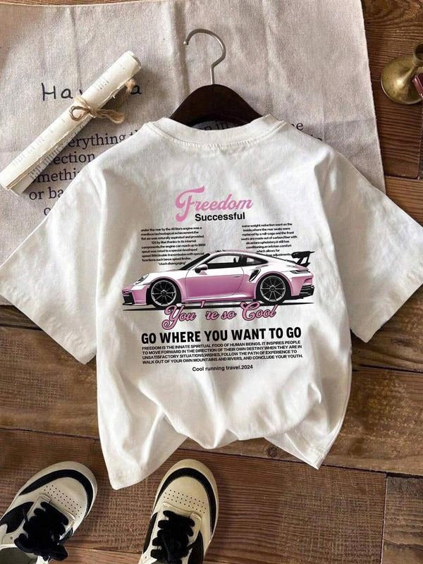 Women's Car & Letter Print Round Neck Tee, Casual Short Sleeve Crew Neck T-shirt for Daily Wear, Ladies Clothes for All...
