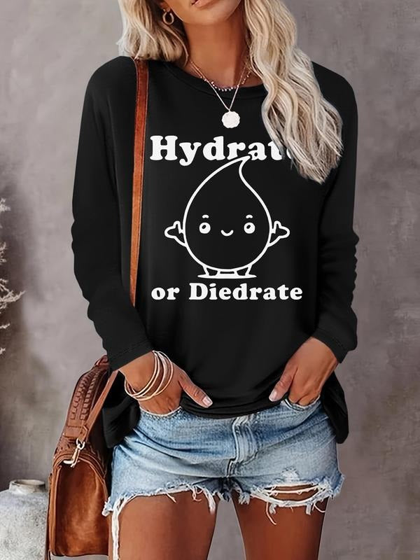 Women's Cartoon & Letter Print Round Neck Tee, Casual Long Sleeve Crew Neck Top for Fall & Winter, Women's Clothes for...