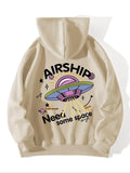 Women's Cartoon Airship & Letter Print Drop Shoulder Hoodie, Fashion Casual Drawstring Pocket Hooded Sweatshirt for Daily...