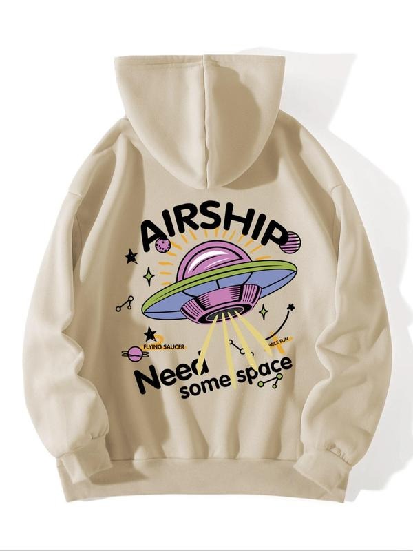 Women's Cartoon Airship & Letter Print Drop Shoulder Hoodie, Fashion Casual Drawstring Pocket Hooded Sweatshirt for Daily...