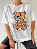 Women's Cartoon Bear & Letter Print Round Neck Tee, Fashion Casual Half Sleeve T-shirt for Daily Wear, Ladies Summer...