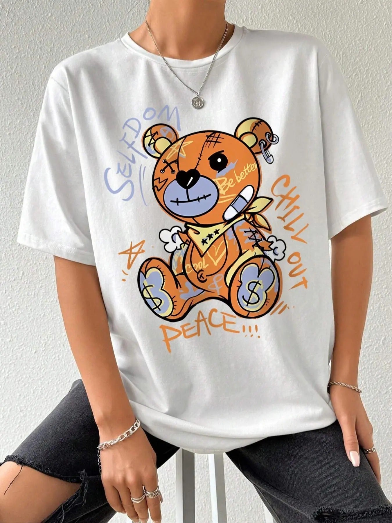 Women's Cartoon Bear & Letter Print Round Neck Tee, Fashion Casual Half Sleeve T-shirt for Daily Wear, Ladies Summer...