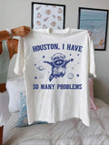 Women's Cartoon Bear Astronaut & Letter Print Drop Shoulder Tee, Casual Half Sleeve Round Neck T-shirt for Summer,...