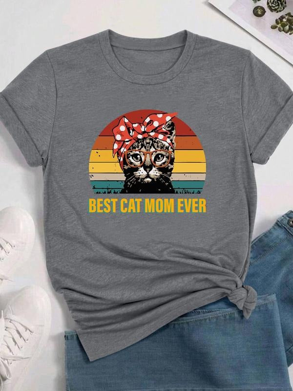 Women's Cartoon Cat & Letter Print Round Neck Tee, Fashion Casual Crew Neck T-shirt for Daily Holiday Vacation Outdoor...