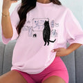 Women's Cartoon Cat Print Drop Shoulder Tee, Casual Half Sleeve Round Neck T-shirt, Vintage Graphic Tees, Summer Clothes...