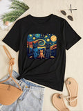 Women's Cartoon Cat Print Round Neck Tee, Summer Clothes Women, Fashion Casual Short Sleeve T-Shirt for Daily Outdoor...